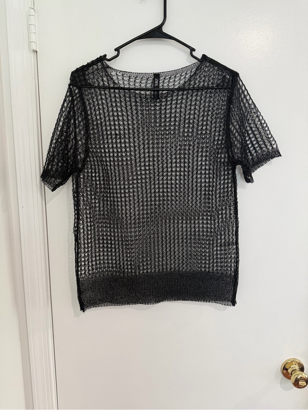 Zara Black Open Knit Mesh Top Sheer Short Sleeve Large Boho Grunge Goth Witchy